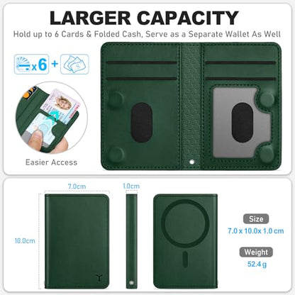 TUCCH for Magsafe Wallet, 6 Card Slots with RFID Blocking, Evergreen | for iPhone 17/17e/16/15/14/13/12 Pro/Pro Max/Plus, Clear ID Window, Magnetic Closure, PU Leather - color: Evergreen