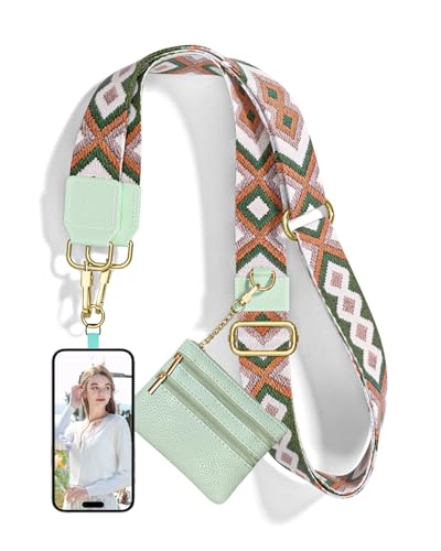 Nipichsha Crossbody Phone Strap with Wallet, Clip and Go Strap for Phone - color: Green Geometry