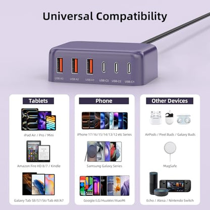 100W 6 in 1 USB Charger, 50% Smaller Charging Station for Multiple Devices - color: E-Purple