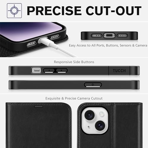 TUCCH Wallet Case for iPhone 14 (6.1") 2022, 4 Card Holders, Black | RFID Blocking, Viewing Stand, Shockproof TPU Shell, PU Leather, Magnetic Closure, Protective Folio Flip Cover - color: Black