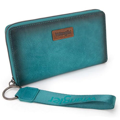 Wrangler Womens Wallet Wristlet Long Purse Designer Clutch Large Capacity Credit Card Holder for Women Men - color: B-Turquoise
