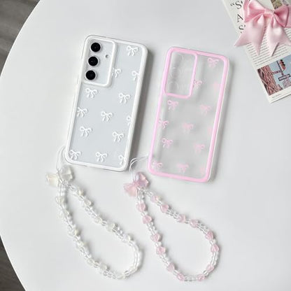 NITITOP Compatible with Samsung Galaxy S23 FE Case Clear Ribbon Bow Knot Pattern for Girls Women Bowknot Durable with Chain Wrist Strap Soft TPU Shockproof Protective Phone Cover - White - color: White, size: Samsung Galaxy S23 FE
