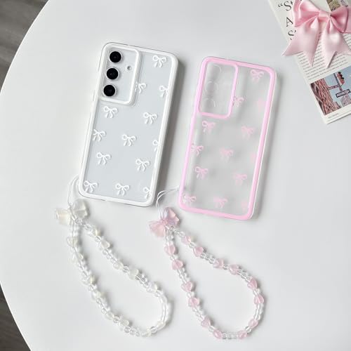 NITITOP Compatible with Samsung Galaxy S24 Case Clear Ribbon Bow Knot Pattern for Girls Women Bowknot Durable with Chain Wrist Strap Soft TPU Shockproof Protective Phone Cover - White - color: White, size: Samsung Galaxy S24