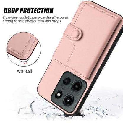for Moto G Power 5G 2025 Back RFID Wallet Case, Rose Gold | PU leather, TPU interior, 5 card slots, cash/photo pocket, magnetic clasp, kickstand, 2-layer shockproof, scratch resistant - color: Rose Gold