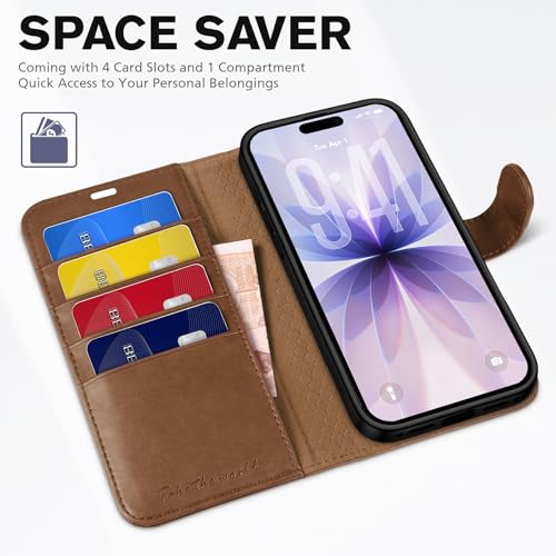 TUCCH Case Wallet for iPhone 17 (6.3") 2025, RFID Blocking Folio, Brown | 4 Card Holders, Kickstand, PU Leather, Magnetic Closure, Shockproof TPU Shell, Protective Flip Cover - color: Brown