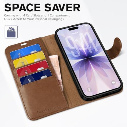 TUCCH Case Wallet for iPhone 17 (6.3") 2025, RFID Blocking Folio, Brown | 4 Card Holders, Kickstand, PU Leather, Magnetic Closure, Shockproof TPU Shell, Protective Flip Cover - color: Brown