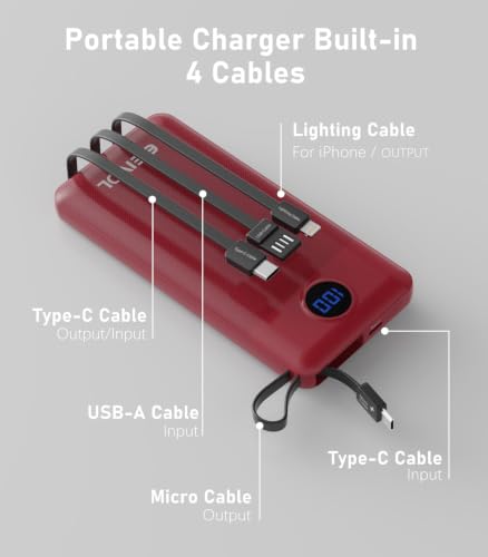Portable Charger Built in 4 Cables, 10000mAh Power Bank, Red - color: Red