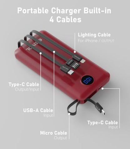 Portable Charger Built in 4 Cables, 10000mAh Power Bank, Red - color: Red