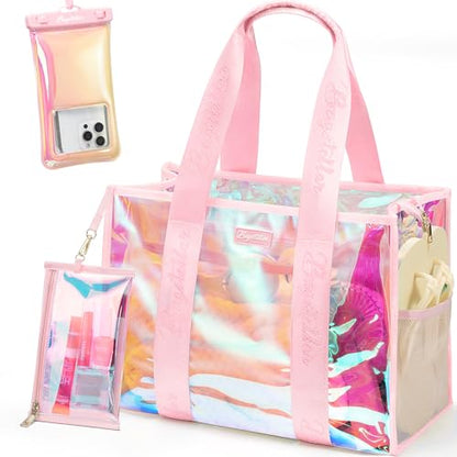 Bagstellar Iridescent Beach Bag, Jelly Tote Bag with Phone Pouch Makeup Bag | Large Beach Bags Waterproof Sandproof, Zipper Beach Tote Clear Pool Swim Boat Bag for Women Summer Travel Cruise Essentials - color: Pink Sunset