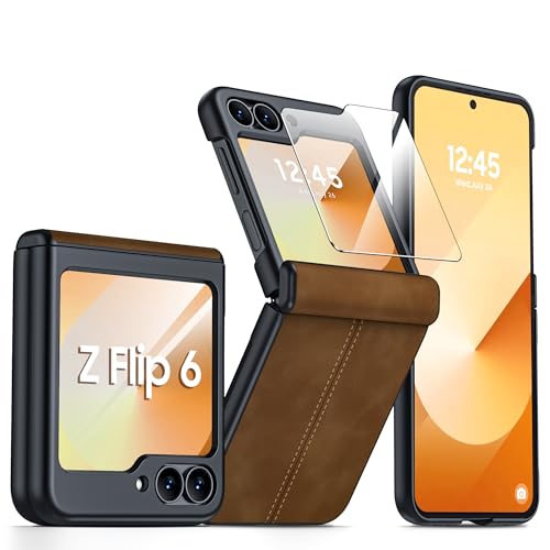 for Samsung Galaxy Z Flip 6 Case/Z Flip 7 FE Case with Hinge Protection & Built-in Screen Protector, Ultra Thin Leather Shockproof Cover Phone Case for Galaxy Z Flip 6/Z Flip 7 FE-Brown - color: Brown, size: Z Flip 7 FE/Z Flip 6
