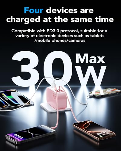 4-in-1 Retractable USB C Wall Charger,40W Fast Charging for Multi-Device - color: Pink