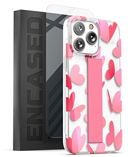 ENCASED Finger Loop Case Designed for iPhone 14 Pro Max with Hand Strap Grip, Cute Pink Butterfly-Heart Design (Screen Protector Included) - color: Pink Heart Butterfly