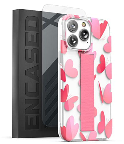 ENCASED Finger Loop Case Designed for iPhone 14 Pro Max with Hand Strap Grip, Cute Pink Butterfly-Heart Design (Screen Protector Included) - color: Pink Heart Butterfly