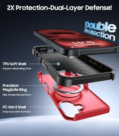 Magnetic for iPhone 17 Case Rugged Dual-Layer Shockproof Red | Military-Grade Heavy Duty Protection, Fit for Magsafe, Matte Finish Scratch Resistant Anti-Fingerprint, Anti-Slip Phone Cover - color: Red