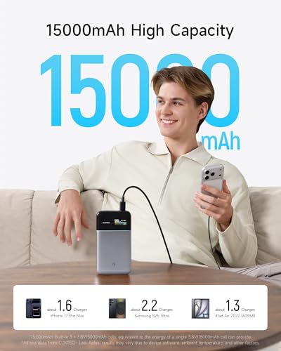 CUKTECH 15 Air Power Bank, 15,000mAh Slim Portable Charger, 65W Fast Charging, 3-Port Battery Pack for Laptop & Phone, for Mobile Office/Business Trip, for MacBook, iPhone, Samsung, Google Pixel