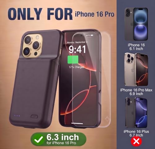Battery Case for iPhone 16 Pro, Ultra-Slim Travel Portable Charging Case, 2026 Upgrade 7000 mAh Extended Battery Life, Premium Materials Rechargeable Charger Case Black