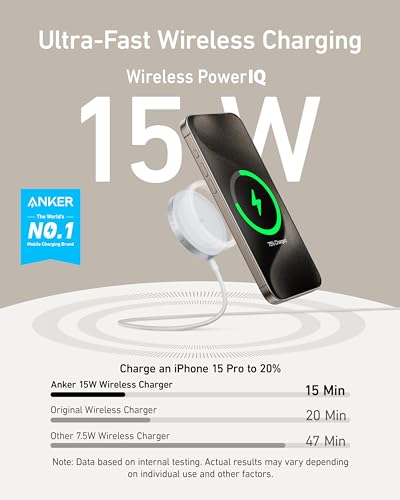 Anker MagSafe Charger Pad Compatible, MagGo iPhone 16 Wireless Charging Pad, Qi2 Certified 15W Wireless Charger for iPhone 16/16 Plus/16 Pro/16 Pro Max/15/14/13/12 Series (White, No Adapter)