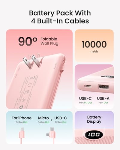 Portable Charger Built-in Cables and Wall Plug, 10000mAh Slim USB C Power Bank, LED Display External Battery Pack Compatible with iPhone/Android & More (Pink) - color: Pink