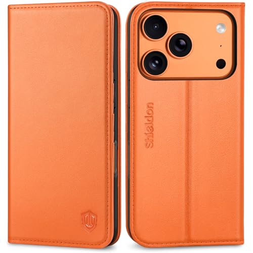 SHIELDON Genuine Leather Case Wallet for iPhone 17 Pro 6.3" 2025, Orange | Magnetic Closure, RFID Blocking, Credit Card Slot, Kickstand, Flip Book Design, Soft Shockproof Phone Cover - color: Orange