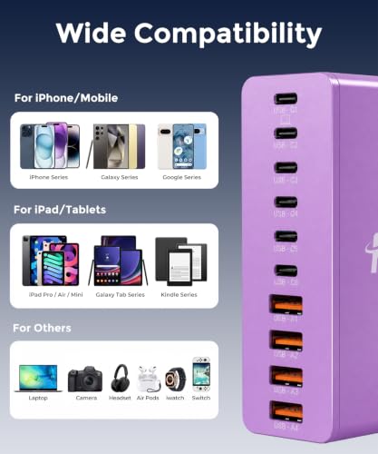 USB C Charging Station 10 Port with 4 Cables,245W GaN Charger Block - color: Purple