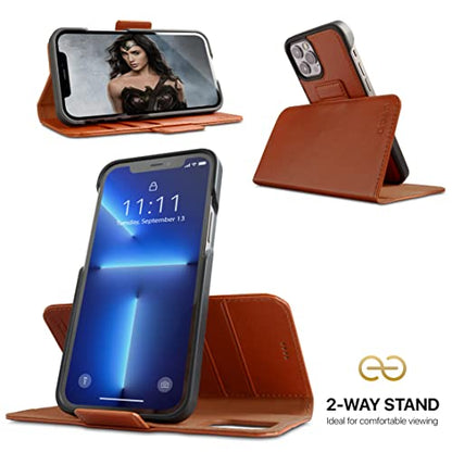 Dreem Vegan Leather Magnetic Detachable Wallet Case for iPhone 13 Pro Max | Built-in Phone Stand, RFID Blocking Card Holder Flip Cover, MagSafe Compatible, Gift Box [Fibonacci: Caramel] - color: Caramel, size: iPhone 13 Pro Max
