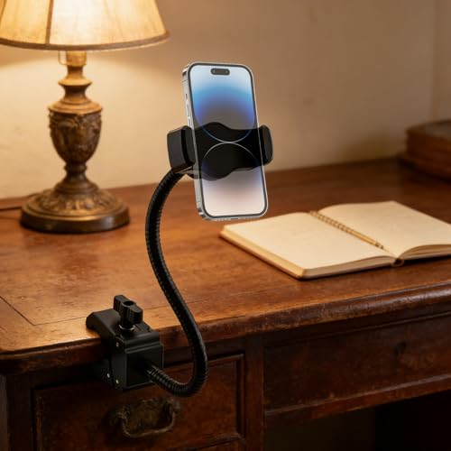 Gooseneck Bed Phone Holder, Flexible Long Arm for Microphone Boom Arm Tube Pipes, Overhead Mount Clip On for Bedside, Tableside, Headboard, Adjustable Phone Stand Lazy Bracket