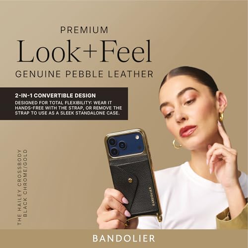 Bandolier Hailey Chrome Leather Crossbody Case iPhone 17 Pro Max - Black/G | Crossbody leather phone case. Built-in wallet w/ snap-closure. Adjustable & removable leather strap. Phone drop protection. - color: Black/Gold Chrome, size: iPhone 17 Pro Max