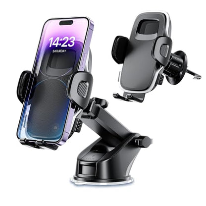 Phone Holders Car Dashboard/Windshield/Vent 3-in-1 Strong Suction Cup Phone Mount for iPhone 17/16/15/14, Samsung Galaxy S25/S24/S23, Thick Case Friendly 360° Rotation Hands-Free Stand
