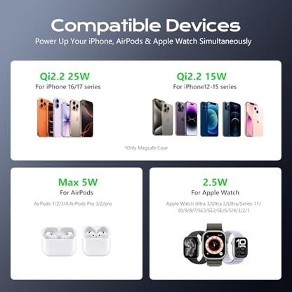 Qi2.2 Certified 25W 3 in 1 Wireless Charging Station for Apple, Foldable Mini MagSafe Travel Charger Pad for iPhone 17-12 Series, Apple Watch & AirPods, Magnetic Charging Dock with 45W Adapter - color: Black