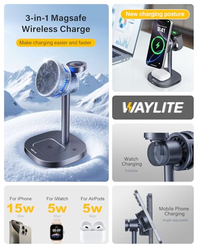 3 in 1 Wireless Charging Station for Apple MagSafe Charger Stand,15W Fast Phone and Watch Charger with TEC Cooling, Magnetic Wireless Charger for iPhone17 16 15 14 13, Apple Watch, AirPods, Gray