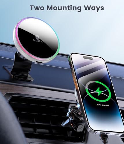 for Magsafe Car Mount Charger 15W LED RGB Car Phone Holder for Dash Vent - color: Silver