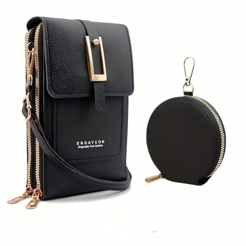 2-Piece Touchscreen Phone Crossbody Bag, Faux Leather Mini Purse with Detachable Coin Pouch - color: Black