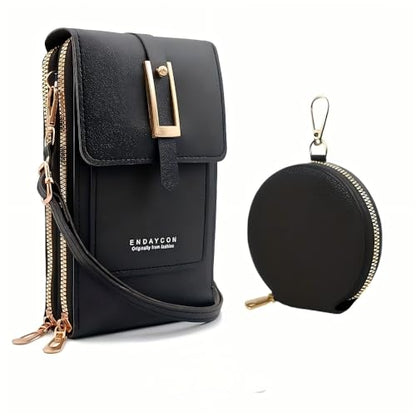 2-Piece Touchscreen Phone Crossbody Bag, Faux Leather Mini Purse with Detachable Coin Pouch - color: Black