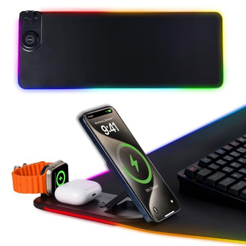3 in 1 Mouse Pad with Wireless Charging, 31.5"x11.8" Mouse Pad RGB with Magnetic Wireless Charging,15 Light Modes,Non-Slip Base,Waterproof Keyboard Pad, Black