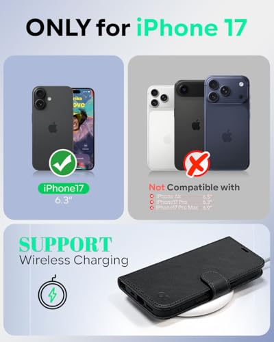 OCASE for iPhone 17 Wallet Case, Card Holder, Litchi Black | RFID Blocking, Kickstand, Magnetic Closure, PU Leather Flip Folio, Shockproof TPU Shell, Protective Phone Cover (6.3") 2025 - color: Litchi Black