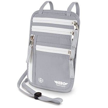 HERO Neck Wallet - RFID Blocking Passport Holder, Easy to Conceal Travel Pouch (Ash Grey) - color: Ash Grey