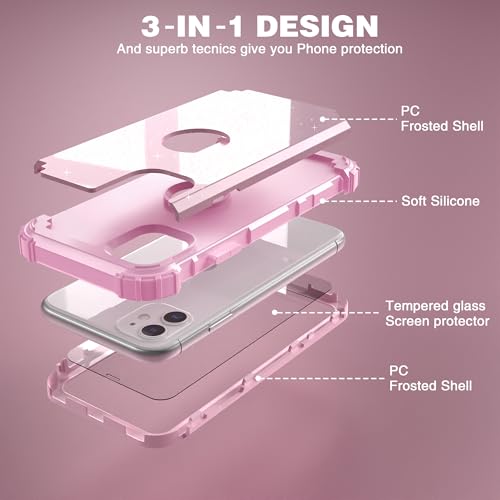 IDweel for iPhone 11 Case with Screen Protector(Tempered Glass), Hybrid 3 in 1 Shockproof Slim Fit Heavy Duty Protection Hard PC Cover Soft Silicone Bumper Full Body Case,Glitter Pink - color: Glitter Pink