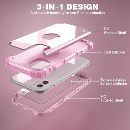 IDweel for iPhone 11 Case with Screen Protector(Tempered Glass), Hybrid 3 in 1 Shockproof Slim Fit Heavy Duty Protection Hard PC Cover Soft Silicone Bumper Full Body Case,Glitter Pink - color: Glitter Pink