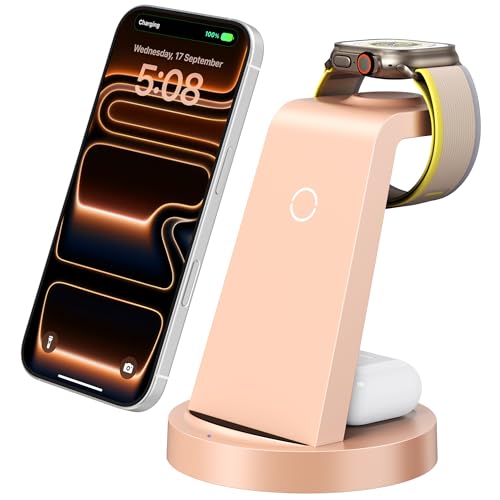 Anlmz 3 in 1 Charging Station - Wireless Charger for Apple Multiple Devices - color: Rose
