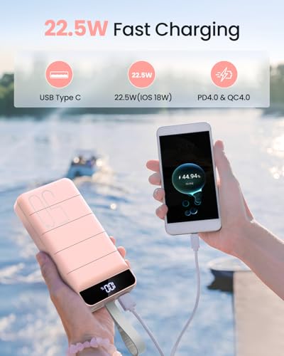 Power Bank, 50000mAh 22.5W with USB-C Fast Charging Portable Charger - color: Pink