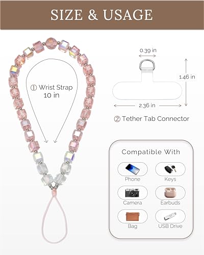 Crystal & Pearl Phone Charm Wrist Strap, Beaded Lanyard Wristlet Chain, Hands-Free Bracelet Strap for Phone Cases - color: Cube-pink