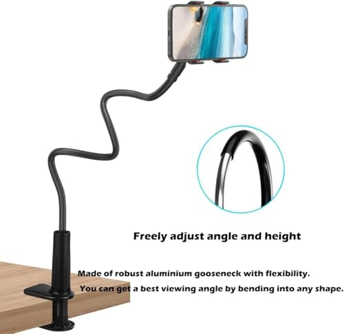 Gooseneck Phone Holder for Bed, Gooseneck Clip Adjustable Cell Phone Stand Universal 360 Flexible Mount for Desk Bedside Headboard Lazy Long Arm Clamp Bracket Filming,Cell Phone Bedstand Desk Mounts