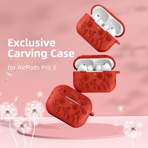 Lerobo for AirPods Pro 3 Case, Flower Engraved Soft Silicone Cover, Red - color: A-Red, size: AirPods Pro 3
