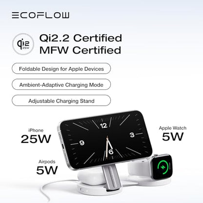 EF ECOFLOW Rapid Mag 3-in-1 Magnetic Wireless Charging Station, Qi2.2 25W Foldable MagSafe Charger Stand for iPhone 17/16/15, Apple Watch & AirPods, Travel-Ready, with 45W Adapter, White - color: White