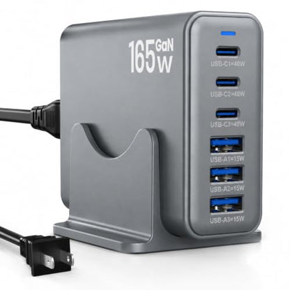 165W GaN Charging Station, 6-Port Desk Charging Station, Dark Gray - color: Dark Grey