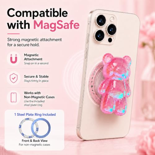 Magnetic 3D Bear Phone Grip Stand, MagSafe Compatible — Candy Pink - color: Candy Pink