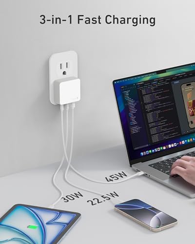 Nekmit 100W Flat USB C Charger Block, 3-Port GaN Fast Wall Charger(2*USB-C & 1*USB-A), USB C Wall Plug with Fixed Prongs for iPhone 17/16, MacBook Pro/Air, iPad, Galaxy and More - color: White