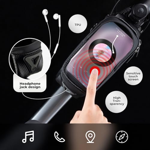 ROCKBROS Bike Phone Bag, [Oversized] EVA Waterproof Bike Top Tube Bag | Phone Holder Bicycle 1.7L Capacity Pouch Fits Phones With Case Under 7.2",E-Bike Accessories Straps Fit All Frames - color: Black - Hook and Loop - 1.7L