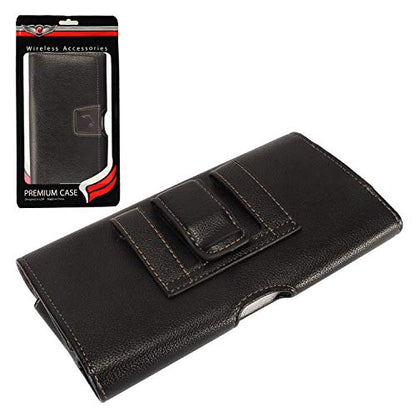 Leather Cell Phone Holster for Boost Celero 5G, Motorola Moto G, Moto G Power 2021/2022, TCL 30V, 30XE, 30XL, Wiko Voix - Horizontal Case Waist Carrying Pouch with Belt Clip/Loops, Black - size: Large