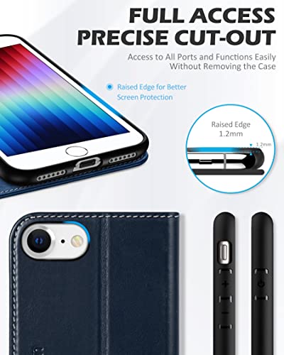 SHIELDON Leather Case Wallet for iPhone iPhone SE3/SE2/8/7, Retro Dark Blue | Genuine Leather, Folio Magnetic Closure, RFID Blocking, Credit Card Holder, Kickstand, Shock Absorbing Protective Cover - color: Dark Blue - Retro